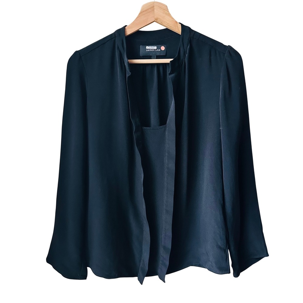 Derek Lam Black 100% Silk Nehru‎ Collar Blouse Size 6 Luxury Long Sleeve Top